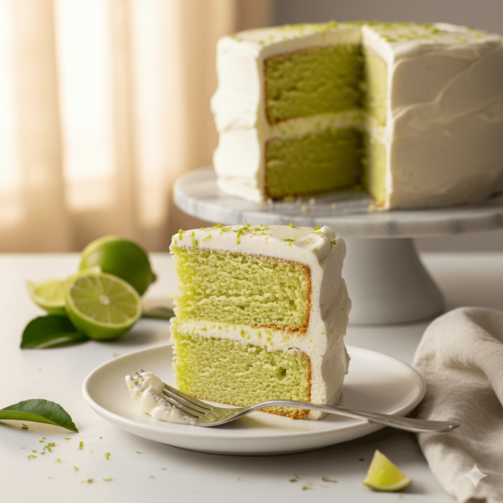 Perfect slice of three-layer key lime cake showing layers and lime cream cheese frosting on white plate